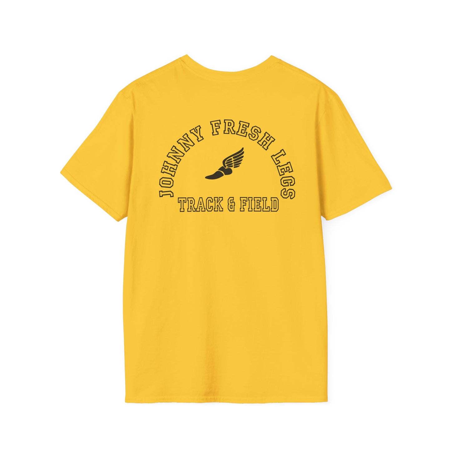 Track & Field T-Shirt — “Johnny Fresh Legs” Retro Winged Shoe Athletic Tee